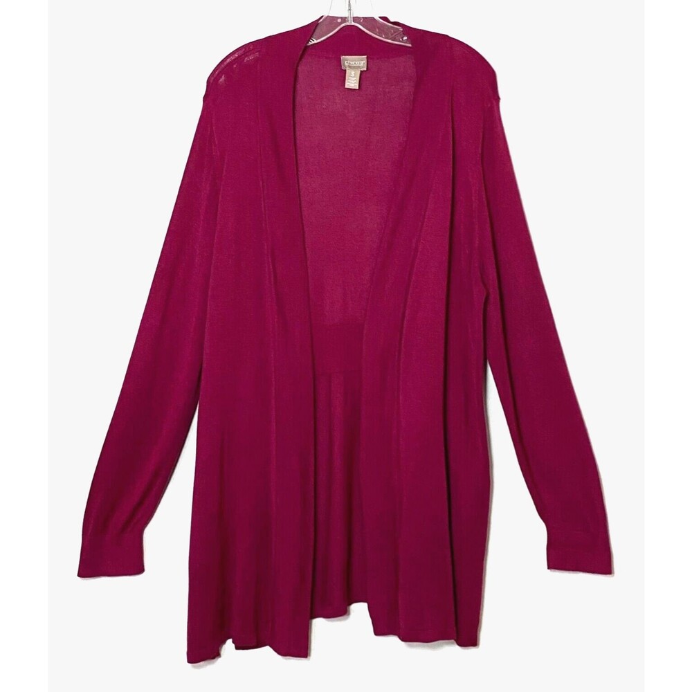 Chicos Semi Sheer Long Cardigan Sweater Womens Size 2 (XL) Burgundy Open Front